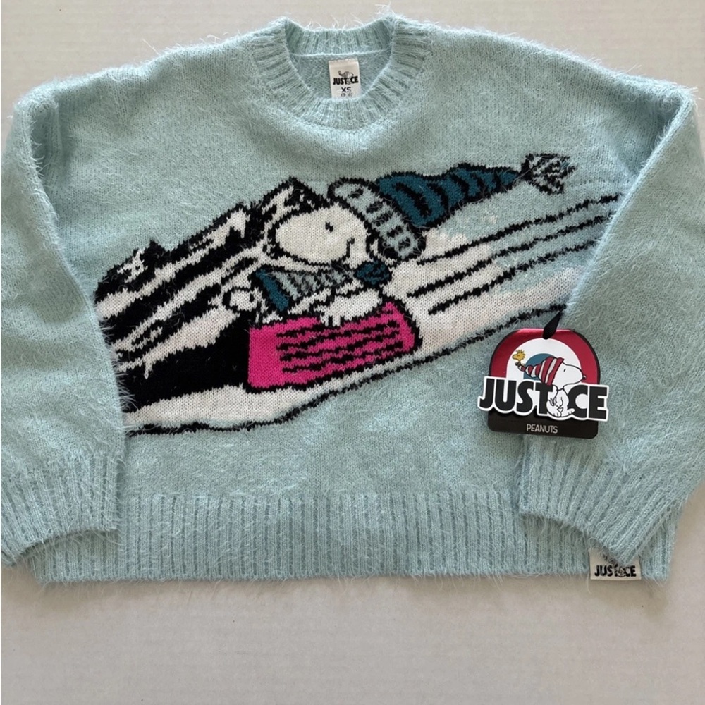 Justice Snoopy Woodstock Peanuts Sledding Sweater Light Blue Girls Size XS 5/6
